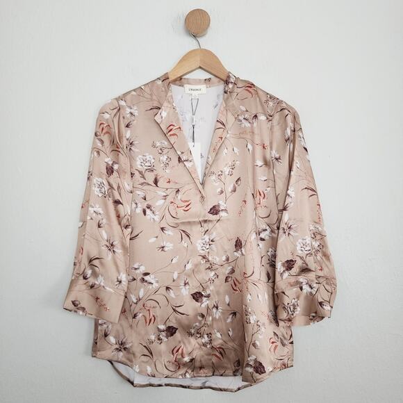 L'Agence Aoki 100% Silk Satin Floral Button-Down Blouse Beige 3/4 Sleeve XS - Picture 1 of 8